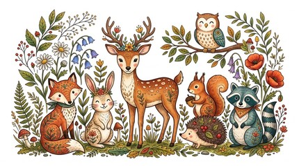 Fototapeta premium Woodland animals illustration with deer, fox, bear, rabbit, squirrel, owl, and wildflower background for forest nursery art, cottagecore decor, book page, and vector design.