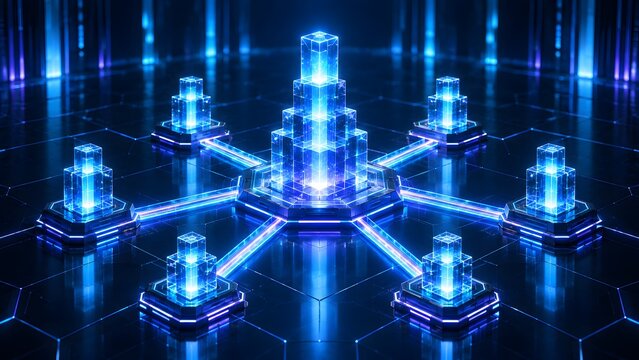 Glowing tiered crystal cube structure on a central network node representing advanced digital data infrastructure