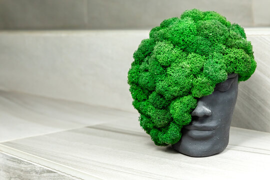 Decorative black sculpture shaped like a human head features lush green moss that mimics hair, placed on a smooth light-colored stone surface, creating a modern artistic display