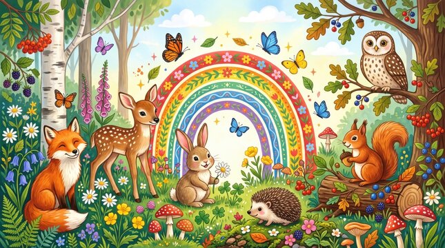 Woodland animals illustration with deer, fox, bear, rabbit, squirrel, owl, and wildflower background for forest nursery art, cottagecore decor, book page, and vector design.