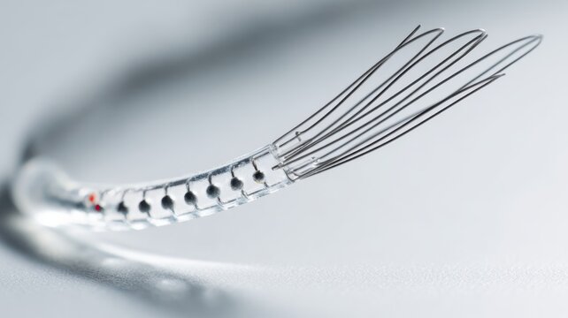 Macro view of advanced medical catheter tip featuring flexible wire array and electrodes for clinical diagnostic mapping