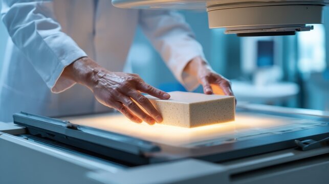 Clinician adjusting calibration phantom block on DEXA bone density scanner table before diagnostic medical imaging