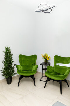 Modern interior design featuring two green armchairs, a small table with flowers, and a decorative plant in a bright, minimalist space