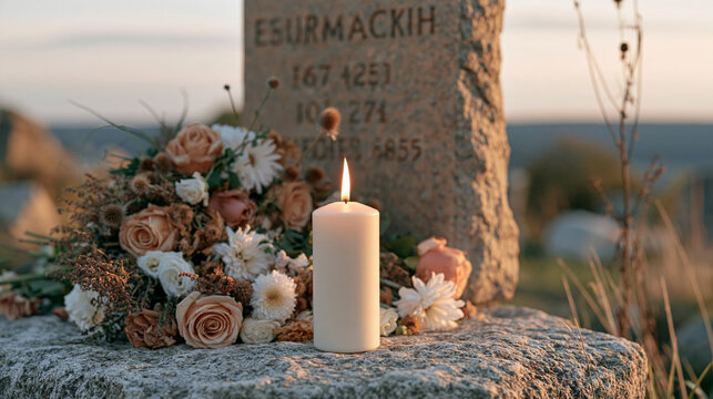 Low angle view looking up from ground level past a glowing memorial candle to a stone grave marker etched with a surname and dates, overcast sky behind, grave flowers wilting at