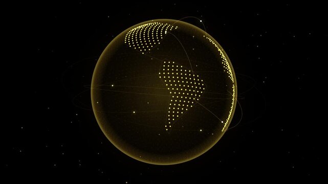 Digital earth globe rotating with glowing dots mapping continents against dark background.