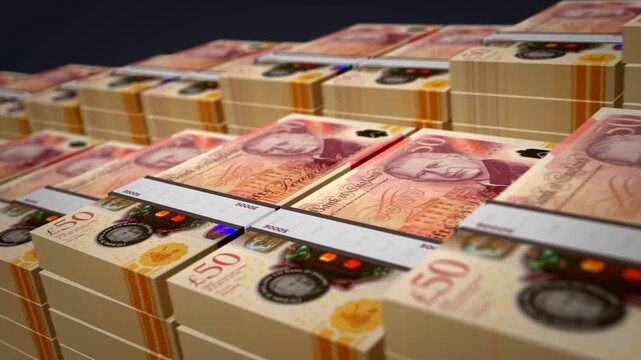 Great Britain pound sterling english money banknote bundle growth up loop. UK 50 GBP stacks. Concept of cash pack, banking, travel, business, economy and finance 3d loopable seamless.