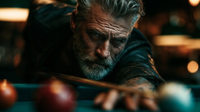 A focused older man with a beard plays pool in a dimly lit room with a blurred background.