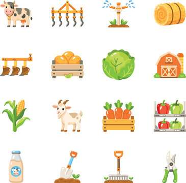 Flat agriculture icons featuring cattle, farm tools, vegetables, hay, dairy items, garden equipment, livestock, crop storage elements. 