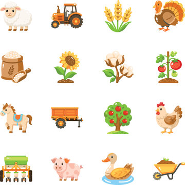 Flat farm icons featuring livestock, crops, poultry, machinery, fruit plants, gardening equipment, transport, and harvest elements in a colorful agricultural collection. 