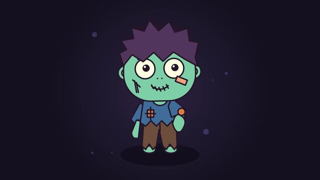 Cute Cartoon Zombie Boy holding Lollipop on Spooky Halloween Background Loop Animation