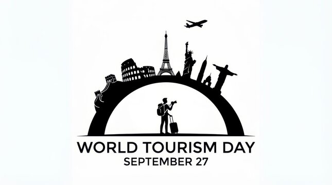 World Tourism Day illustration with traveler and landmarks