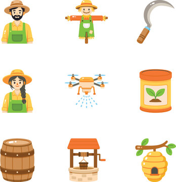 Flat farming icons featuring farm workers, scarecrow, harvesting tools, crop technology, seed storage, water supply, barrel, beekeeping elements. 