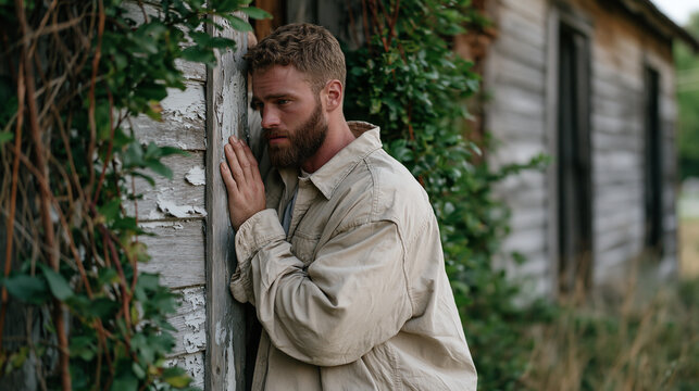 A tall bearded man leans against the door of an abandoned childhood home now overgrown with vines, one hand pressed flat against the peeling paint, his posture suspended between