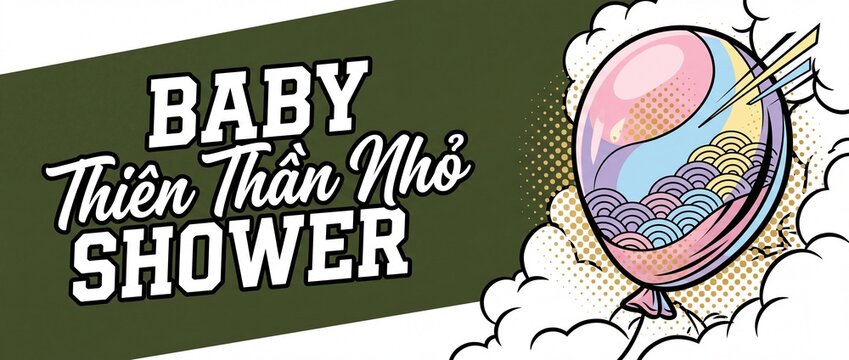 Baby shower pop art banner with vintage comic balloon vector template illustration for little angel baby arrival celebration party invitation horizontal header design concept background decorative art