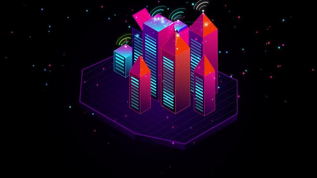 Futuristic isometric smart city with digital signals on dark background for tech concept.