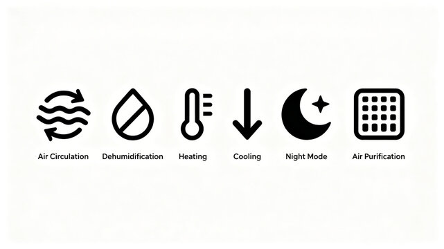 Simplified linear air appliance function icon, circulating dehumidification, temperature regulation, refrigeration and purification, air conditioning product introduction, e-commerce main image module