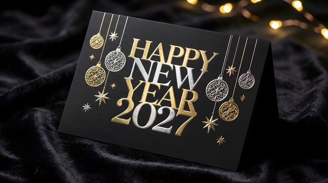 Happy new year 2027 greeting card with gold and silver hanging ornaments on a dark black background with glowing festive lights for a luxury holiday celebration and party concept