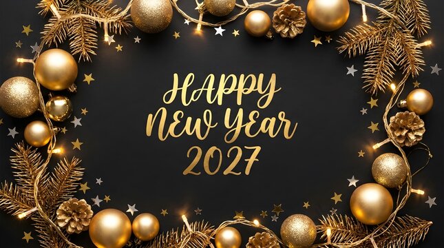 Happy new year 2027 greeting card design with golden christmas ornaments and fir tree branches arranged in a beautiful decorative border frame on a dark black background