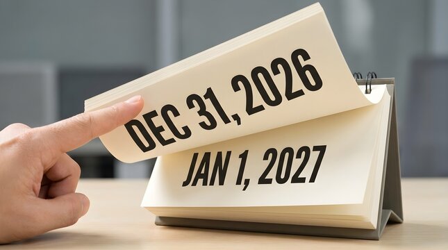 Person flipping a desk calendar page from december 31 2026 to january 1 2027 representing the new year transition and moving into the future with a fresh start for success and planning