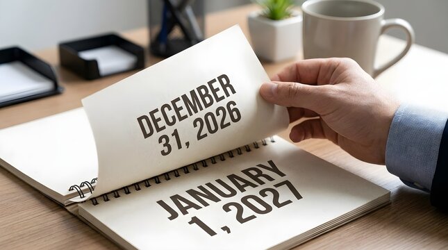 A hand turning a page on a calendar showing the transition from december 31 2026 to january 1 2027 as a symbol of the new year celebration and time passing in a professional office setting