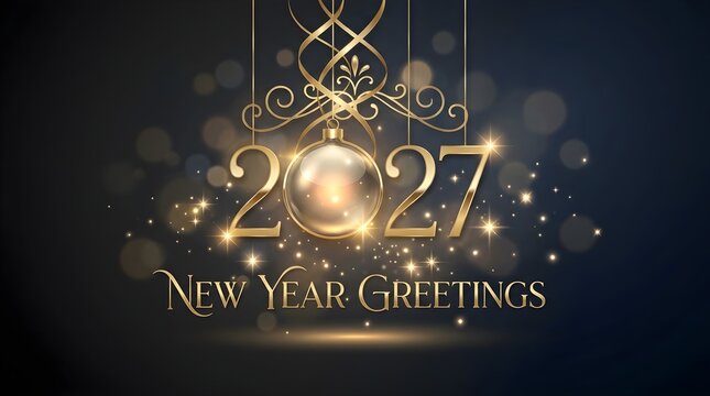 Elegant gold 2027 new year greetings design with shiny decorative ornaments and glowing sparkles on a dark background for celebration posters and holiday greeting card invitations