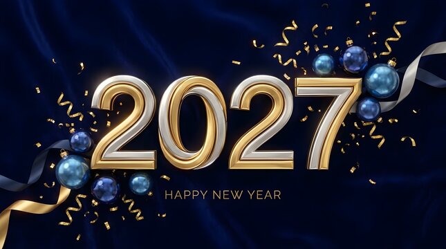 Shiny 2027 happy new year text with gold and silver metallic numbers decorated with blue glass ornaments and falling yellow confetti ribbons on a dark blue silk fabric background