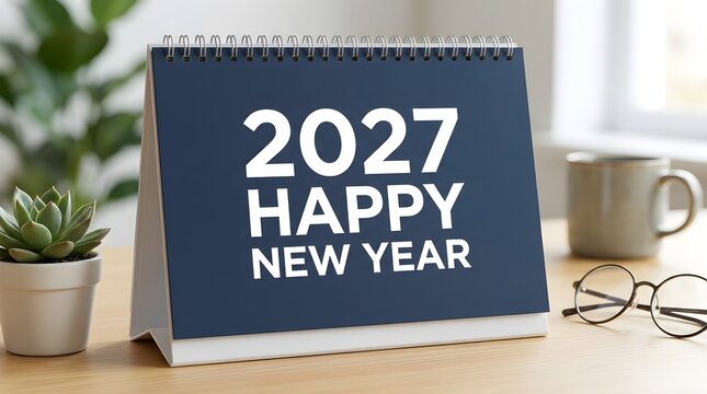 Black desk calendar for 2027 with happy new year text standing on a wooden office table with a small green plant and reading glasses in a bright cozy room during the morning time