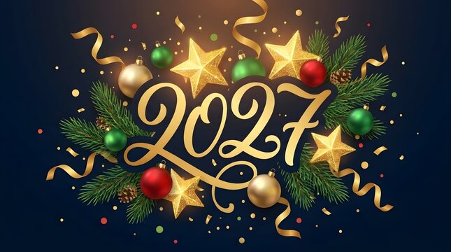 Happy new year 2027 golden text sign with shiny stars and colorful christmas tree balls decorations on a dark black background for a festive holiday greeting card design celebration