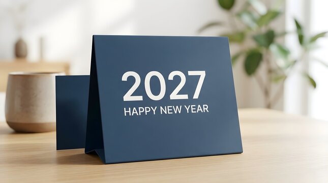 A small blue desk calendar showing the year 2027 and the message happy new year sitting on a wooden table in a bright home office with a blurred green plant in the background
