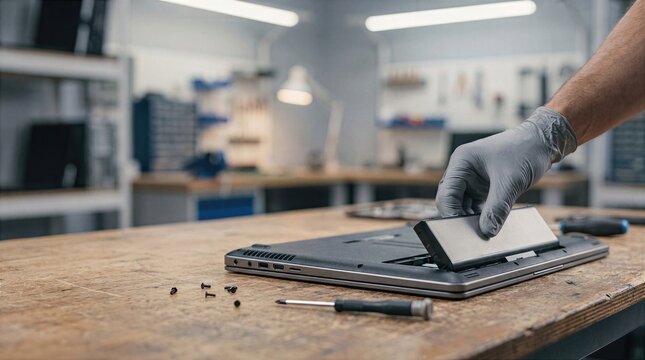 Technician replacing laptop battery during computer repair