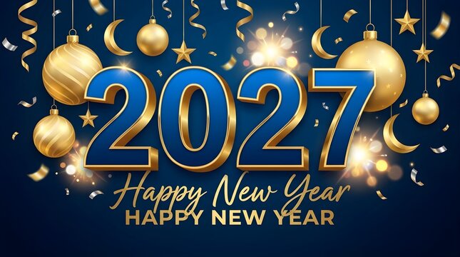 Happy new year 2027 greeting card design with golden christmas balls stars and moon decorations on a dark blue background with shiny confetti elements for holiday celebration poster