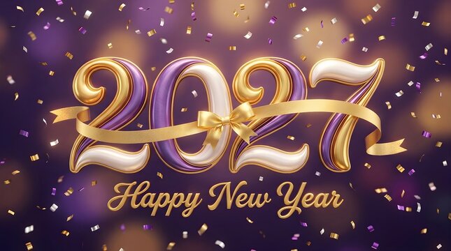 Shiny gold and purple 2027 numbers with a festive ribbon and colorful confetti on a dark background for a happy new year celebration greeting card design