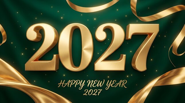 Happy new year 2027 elegant golden numbers with shiny ribbons on a dark green background for a festive greeting card design featuring a luxury style celebration for the upcoming year
