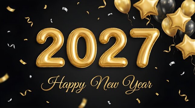 Happy new year 2027 greeting card with golden balloon numbers and shiny star decorations on a dark black background with falling confetti for a festive holiday celebration design