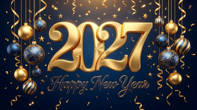Golden 2027 happy new year text with shiny christmas balls and festive hanging ribbons on a dark background for celebration design card poster invitation and banner graphic illustration