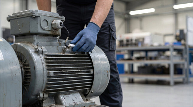 Maintenance worker checking industrial electric motor sensor