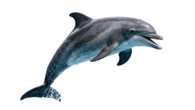 Gray dolphin leaping from water, isolated on transparent background