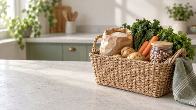 Grocery Basket with Rice Beans and Fresh Vegetables on a Counter