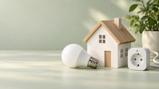 House Model with LED Bulb and Smart Plug on a Green Surface
