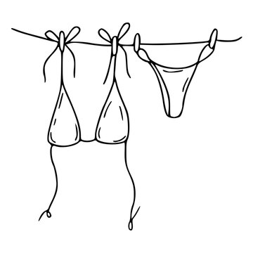bikini swimsuit hanging on clothesline line art vector illustration