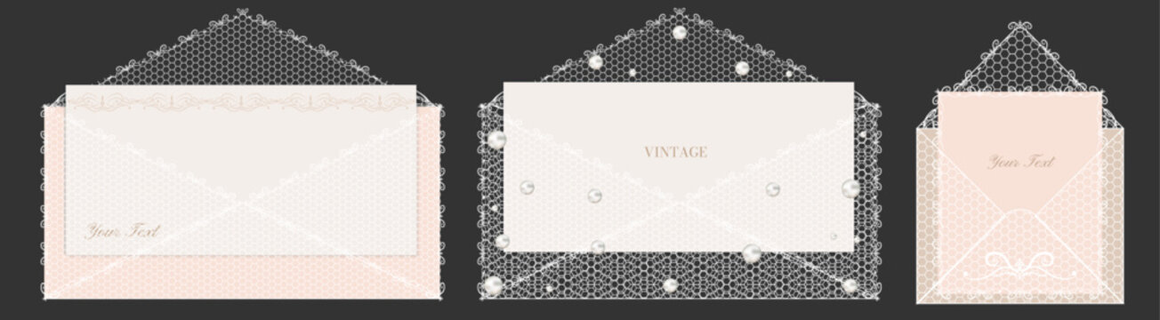 Lace invitation template set with vintage envelopes and cards in cream, blush, and white. Horizontal and vertical layouts with ornate mesh patterns for wedding stationery, greeting cards, and elegant 