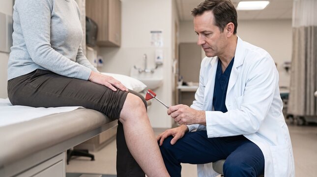 Male doctor in white coat examining patient's knee with reflex hammer during medical exam