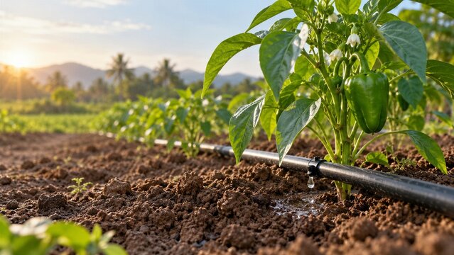 Drip Irrigation Watering a Green Bell Pepper Plant in a Field