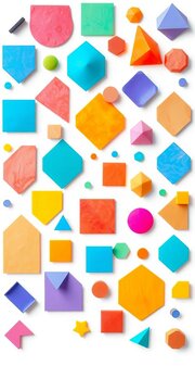 Geometric shapes in various colors and orientations on a white background, background, origami