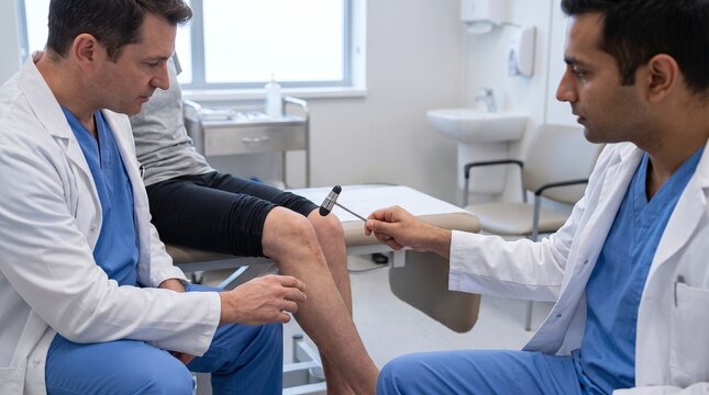 Doctors examining patient's knee reflex with reflex hammer in clinic medical examination