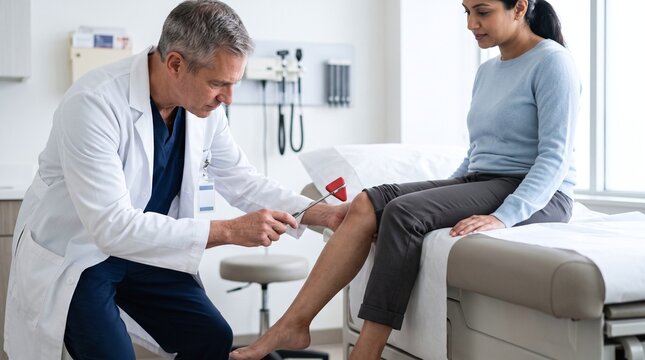 Doctor performing reflex test on female patient's knee in medical examination room