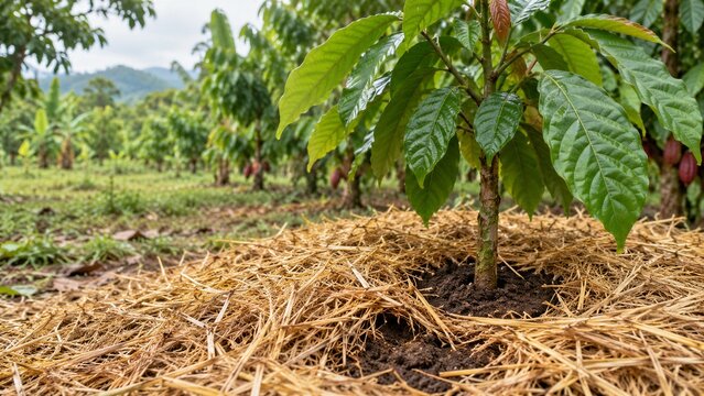 Young Cacao Tree Surrounded by Straw Mulch in a Plantation