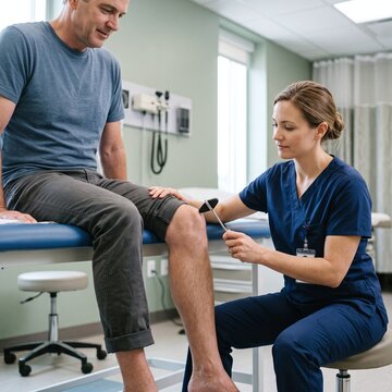 Female doctor performing reflex test on male patient's knee during medical examination