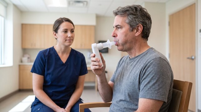 Patient uses spirometer device with nurse observing in a medical setting