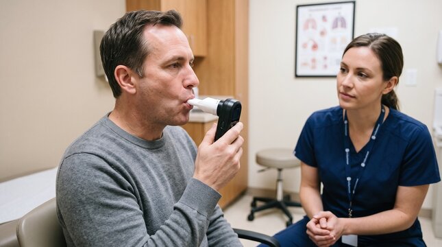 Male patient performs breathing test with a spirometer observed by a nurse in a clinic setting